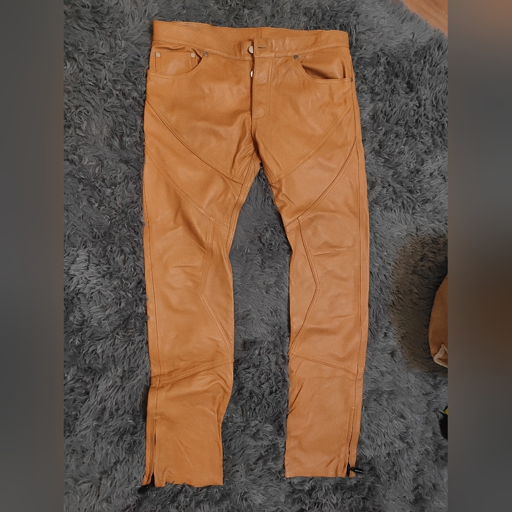Rhude Brown Leather Men Pants with Zipper Detail